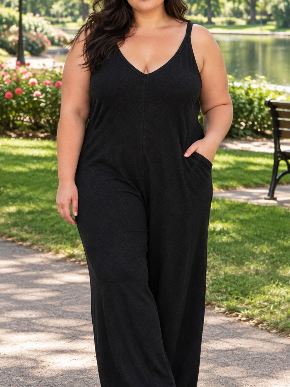 wild fable Plus-Size Black V-Neck Wide-Leg Jumpsuit with Pockets